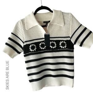 NWT | CROCHET STRIPED SPLIT V-NECK COLLARED TOP NAVY BLUE & OFF WHITE | XS